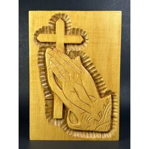 Praying Hands Carved Wood Plaque Cross Religious Wall Hanging Christian Decor 8"